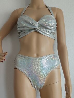 Sun Streak Holographic Silver Twist Halter Bikini Set - Women Swim